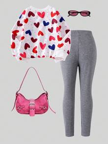 两件套女童圆领长袖印花卫衣和针织打底裤套装，多种颜色可选，可爱活泼，春秋季款 - 彩色 - 查看 2