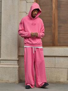 AXEPEAK 男士休闲宽松连帽衫和运动裤两件套 - 玫紅色 - 查看 6