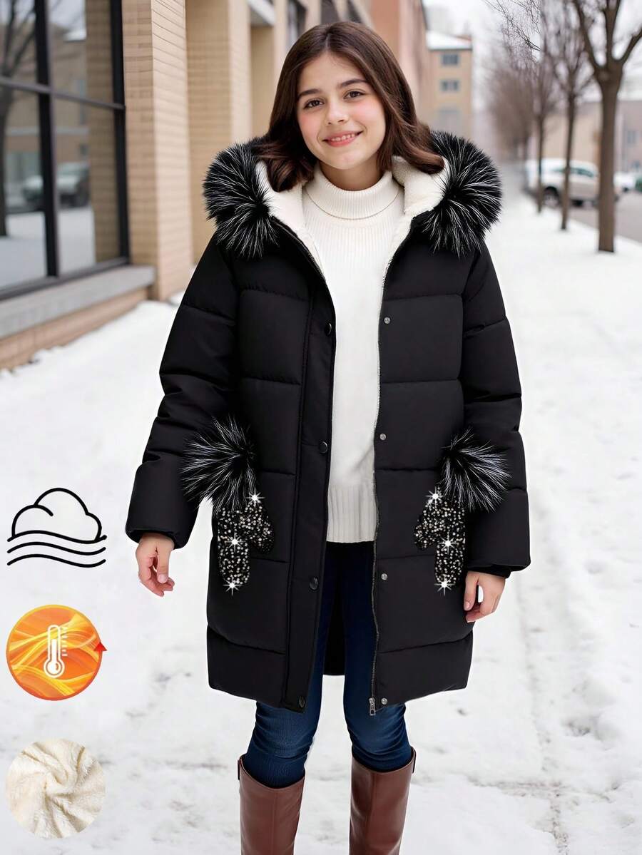 SHEIN 1 Áo khoác đệm có mũ trùm đầu dài vừa phải, cổ lông, túi và trang trí kim sa, khóa kéo, áo khoác ngoài mùa đông thời trang - màu đen - Xem 1