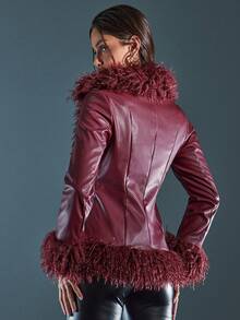 Denimoi Faux Fur Trim Faux Leather Jacket Fashionable Jacket Cold Weather Fur Coat Fur Jacket Sexy GNO Date Night Aspen Outfits Snow Outfits New York Winter Outfits - Red Violet - View 5