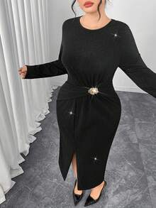 Modelyn Elegant Black Long Sleeve Dress, Waist Ruffle Floral Decor Slit Fitted Mid-Calf Dress/Gown/Evening Wear/Formal Dress - Black - View 6