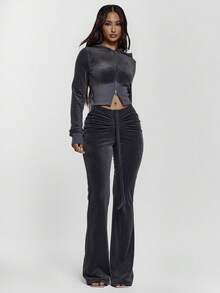 MUSERA Drawstring Tie Ruched Front Low Waist Velour Skinny Fitted Flare Trousers Bottoms Only Sexy Going Out   Night Out  Cute Streetwear Pants Spring - Dark Grey - View 5