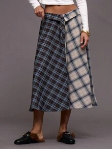 MUSERA 翻折腰身不对称撞色双色格纹纽扣半身裙，仅上装，适合夜间外出、街头风、可爱性感、未裁剪、优雅 - 彩色 - 查看 2