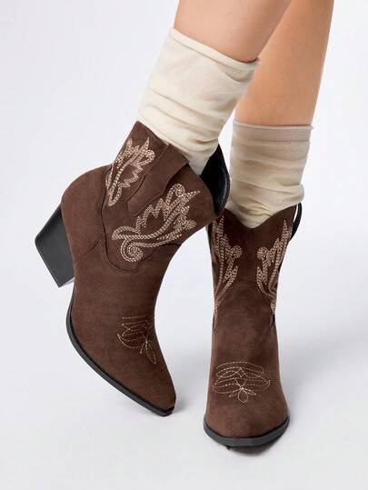 Fairycore Women's Pointed Toe Chunky Heel Symmetrical Embroidery Western Boots, Cowboy Boots, New Autumn/Winter Leather Slip-On Fashion Ankle Boots And Short Boots, Cowgirl Boots