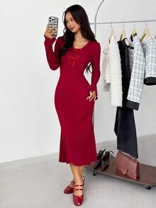 SHEIN 少女休闲简约舒适V领长袖束腰连衣裙 - 紅色 - 查看 1