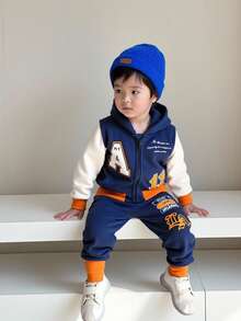 SHEIN 男婴秋季休闲套装，藏蓝色和杏色撞色字母数字印花拉链连帽衫搭配松紧腰裤，方便穿脱，适合外出。男婴连帽衫套装、男婴运动服、男婴冬季套装、男婴冬季服装、男婴秋季套装 - 藏蓝色 - 查看 11