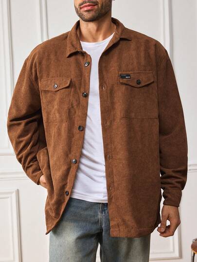 EASEVO Plus Size Men's Casual Solid Color Shacket, Autumn