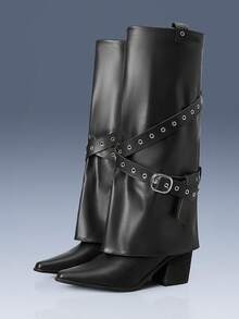 CUCCOO GRLICON Women's Studded Square Toe Chunky Heel Over-The-Knee Boots - Black - View 3