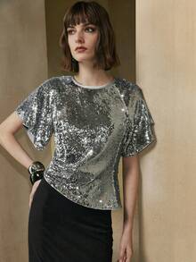 Arave Women's Sequined Fabric H-Line Loose Fit, Hollowed-Out Shimmering Sequined Off-Shoulder Design, Modern Party Top    Party Tops - Silver - View 8