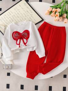 SHEIN Playful Pals 两件套女童针织长袖圆领3D蝴蝶结水钻印花卫衣和纯色束口裤套装，休闲可爱日常穿着，春秋季 - 紅色 - 查看 3