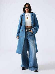 LYSMO 2025年女士极简主义秋冬新款翻领长袖双排扣休闲腰带设计牛仔外套，秋冬圣诞节新年感恩节 - 中等水洗藍 - 查看 4