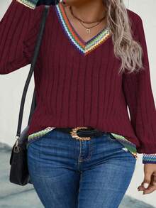 EMERY ROSE Women's V-Neck Patchwork Vintage Print Long Sleeve Plus Size Sweatshirt, Autumn/Winter - Burgundy - View 5