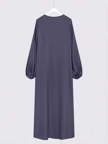 Al Najma 女士纯色灯笼袖阿拉伯风格外套，休闲长袍，适合日常休闲/家居服 - 深灰色 - 查看 2