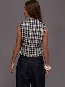 MUSERA Checkered Stand Neck Zip Through Belted Side Detail Fitted Top Fall Autumn Winter Night Out Going Out Streetwear Cute Back To School Sexy Elegant Spring Summer - Multicolor - View 4