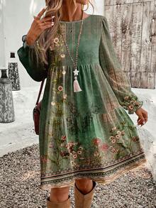 EMERY ROSE Lässiges, vintage-elegantes Kleid mit großem Blumenmuster in Überweite, rundem Ausschnitt und Große Größen, geeignet für Herbst/Winter und den täglichen Gebrauch