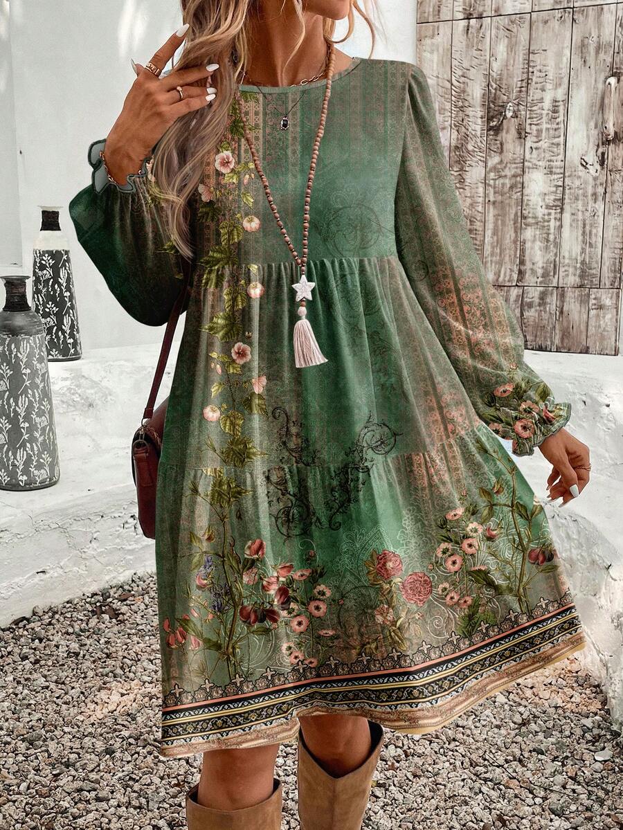 EMERY ROSE Lässiges, vintage-elegantes Kleid mit großem Blumenmuster in Überweite, rundem Ausschnitt und Große Größen, geeignet für Herbst/Winter und den täglichen Gebrauch