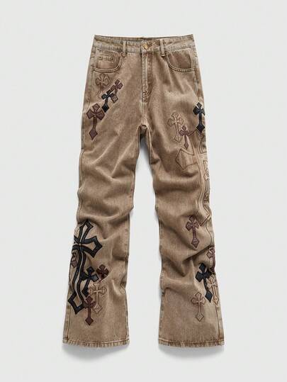 Grunge Punk Jeans en denim vintage lavé avec broderie croix, style décontracté pour hommes