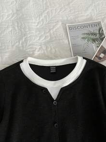 Franclia Women's Single-Breasted 2 In 1 Fleece Long Sleeve T-Shirt - Black - View 4