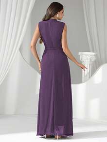 Coutiva Váy dạ hội cổ đính sequin và ngọc trai giả sang trọng, Đầm dự tiệc cao cấp, thanh lịch và tinh tế - Màu tím - Xem 2