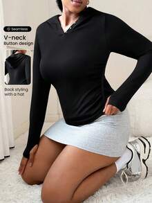 Rhythm Era Plus Size Women's Seamless Hooded Long Sleeve Sweatshirt Hooded Top Long Sleeve Top Workout Long Sleeve Top Tight Tops - Black - View 1