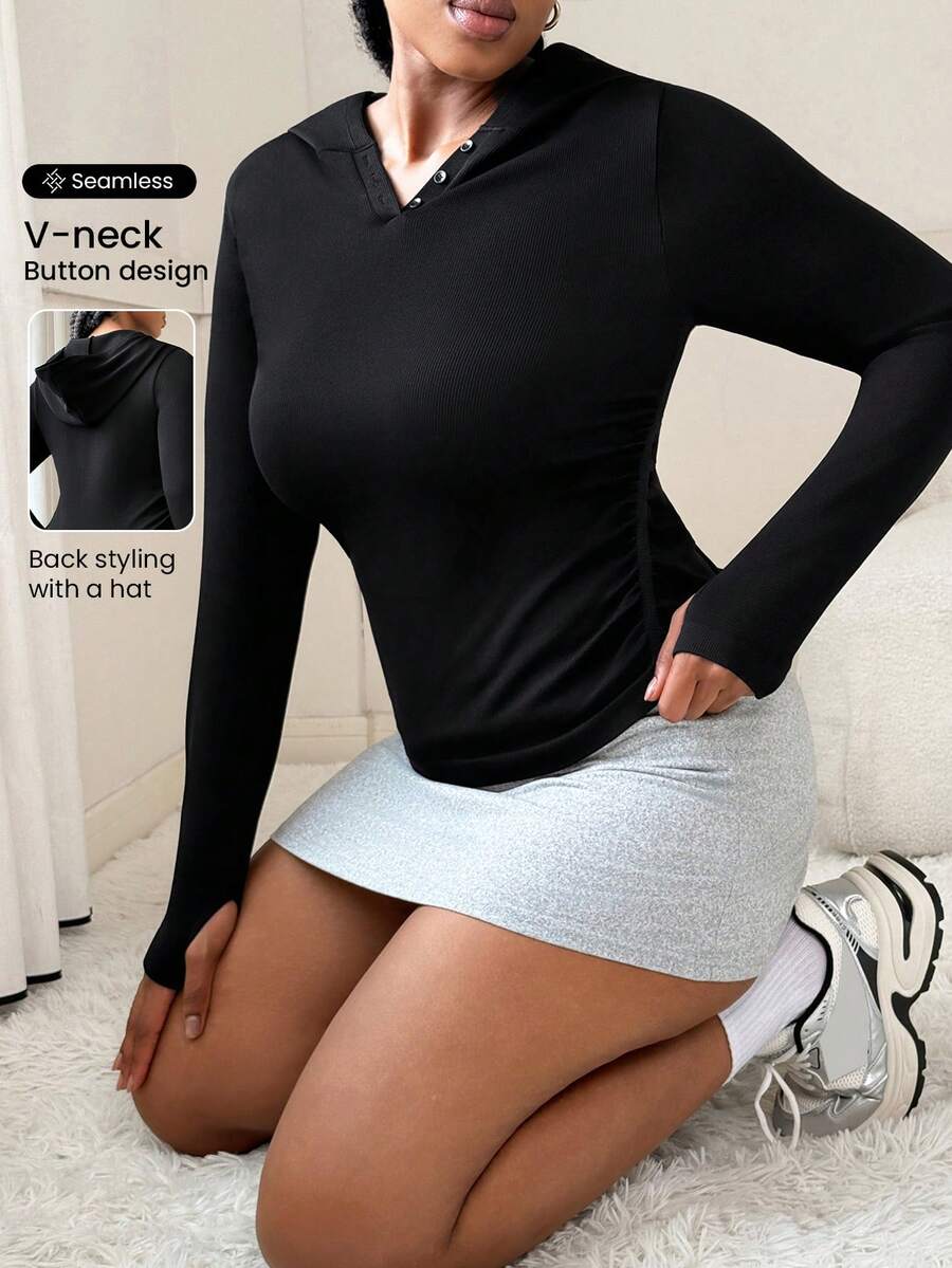 Rhythm Era Plus Size Women's Seamless Hooded Long Sleeve Sweatshirt Hooded Top Long Sleeve Top Workout Long Sleeve Top Tight Tops - Black - View 1