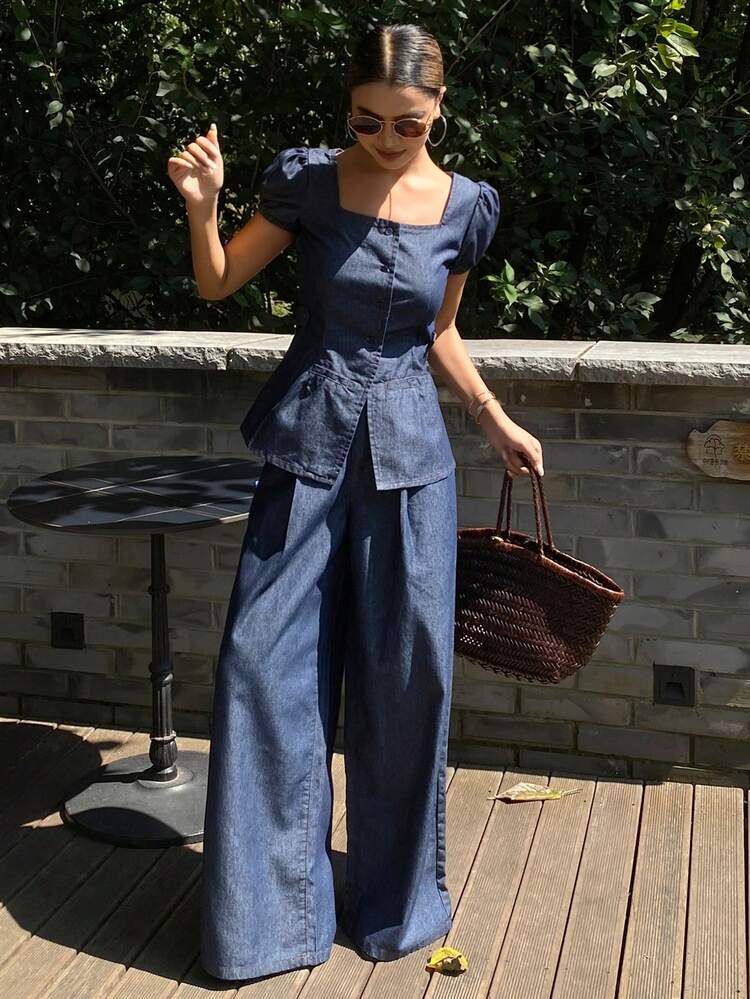 Women's Summer Square Neck Short Sleeve Denim Top And Straight Leg Jeans Casual Denim Set