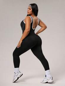 Rhythm Era 女式拼色条纹露背连体裤，紧身运动休闲连体裤，适合瑜伽、跑步、日常穿着，加大码 - 黑色 - 查看 3