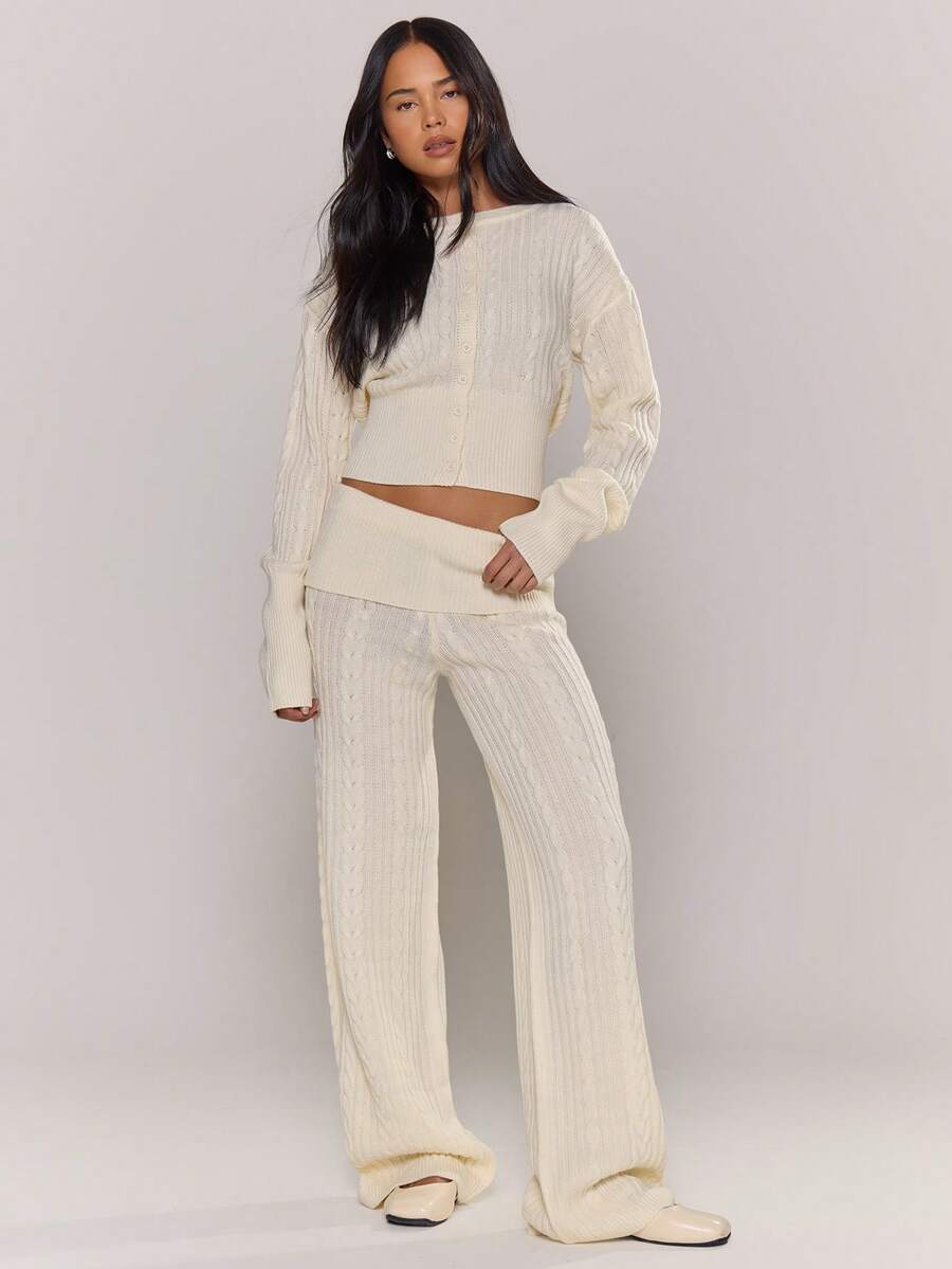 MUSERA 针织翻边直筒裤（仅裤子） 秋季 冬季 圣诞节 新年 夜生活 性感 优雅 休闲 可爱 少女 酷女孩 新年 - 奶油色 - 查看 1