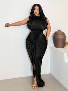 Maweii Plus Size Ruched Waist Sleeveless Bodycon Dress - Black - View 3