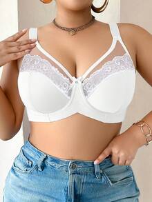 DesireSculpt Plus Size Solid Color Contrast Lace Underwire Bra - White - View 3