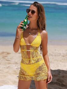 SHEIN Swim Mod 女士夏季新款海滩度假甜美蕾丝面料三件套：荷叶边裙搭配串珠分体泳衣 - 黃色 - 查看 9