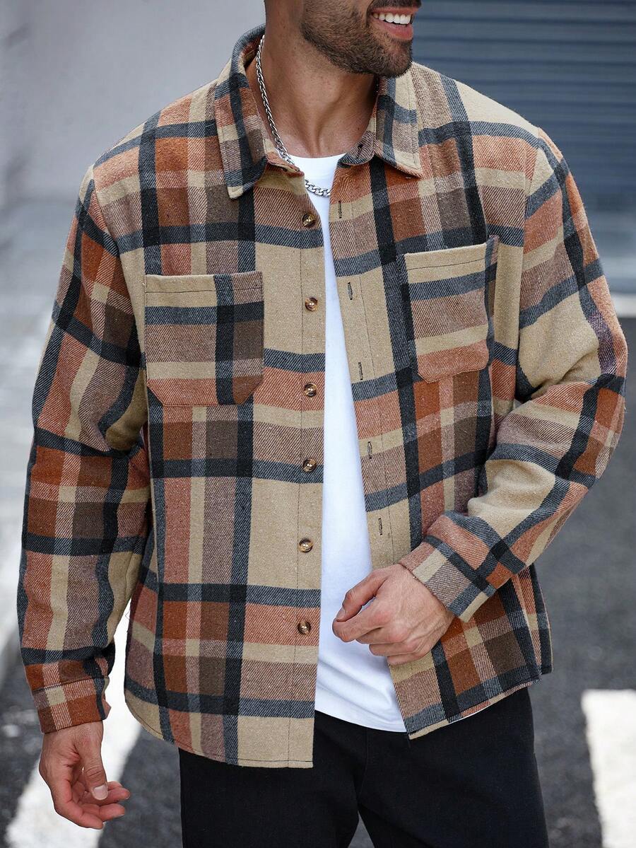 Manfinity Homme Jaket Kasual Lengan Panjang Kancing Tunggal Ukuran Besar untuk Pria - Khaki - View 1