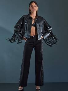 Denimoi Faux Leather Fringe Detail Jacket Western Fashion Cowgirl Nashville Fall And Winter - Black - View 4