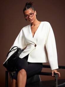 Hauture Women's Office Casual Elegant Low Front Neck With Barrel Sleeves Tweed Blazer - Beige - View 3