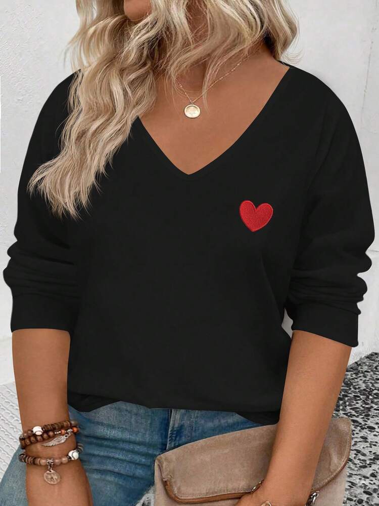 EMERY ROSE Camiseta de manga larga con cuello en V y estampado de corazón para mujer, talla grande, popular para otoño/invierno - Negro - Añade 1