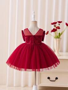 Glamorique Kids Baby Girls' Red Sequin Mesh Bow Decor High-End Satin Dress,Elegant Burgundy Summer Party Princess Dress For Christmas - Red - View 2