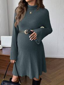 Cheriluna Maternity Umstandskleid mit Rollkragen, weiten Ärmeln und Rippstruktur, einfarbig, Lässig, Herbst - Graublau - Übersicht 5