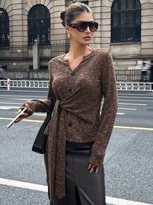 Livesso Autumn/Winter Loose Business Casual Fashion Asymmetric Side Tie V-Neck Textured Knit Elegant Women T-Shirt