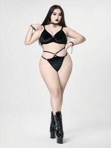 ROMWE Goth 大码哥特式三角杯文胸和丁字裤内衣套装 - 黑色 - 查看 6