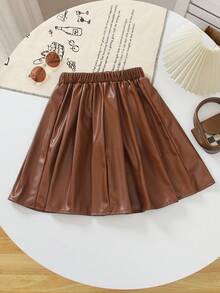 SHEIN Girls' Sweet White Pleated Skirt, Made Of Soft Leather Material, Versatile And Fashionable, Easy To Wear, Suitable For Daily School, Outing, Vacation, Sports And Various Outdoor Activities - Coffee Brown - View 2