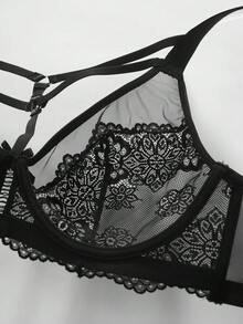 SHEIN 1pc Plus Size Lace Contrast Mesh Underwire Lingerie Bra - Black - View 9