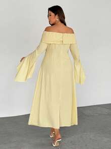 Firerie Plus Size Women's Elegant Yellow Autumn Off-Shoulder Slit Flare Long Sleeve Ruched Slim A-Line Midi Dress For Party Graduation Ceremony Vacation - Yellow - View 2