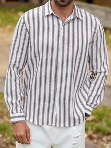 Manfinity Homme 男士亚麻长袖条纹单排扣休闲通勤衬衫 男士条纹衬衫 男士长袖衬衫 酒红色和白色衬衫 男士沙滩休闲衬衫 男士邮轮衬衫 男士条纹衬衫 男士条纹长袖衬衫 适合日常休闲、周末旅行、户外活动、探险旅行、轻松的工作环境或半正式场合，可作为男友/丈夫礼物、周年纪念/生日礼物、派对、圣诞节、新年、婚礼礼物 - 紅色 - 查看 5