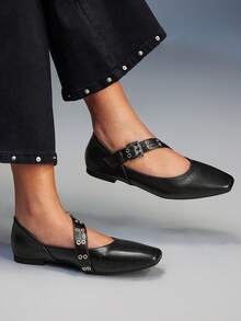 CUCCOO GRLICON 女士法式方头平底鞋，新款黑色玛丽珍鞋，带绑带，Y2K风格，适合万圣节、圣诞节、派对等场合 - 黑色 - 查看 5