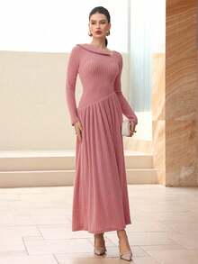 Modelyn Pink Party Elegant Asymmetrical Shoulder Long Sleeve Dress For Women - Pink - View 3