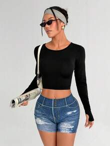 Dewbera 无缝运动长袖T恤，修身剪裁，性感露背设计 - 黑色 - 查看 3