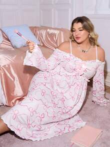SweetSlumber 甜美柔软露肩蝴蝶结印花加大码睡裙，适合居家休闲穿着，秋冬季女士睡衣。 - 粉色 - 查看 6