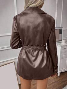 EMERY ROSE Women's Solid Color Drop Shoulder Long Sleeve Crossed Wrap Double-Breasted Fashionable Versatile Trench Coat - Brown - View 2