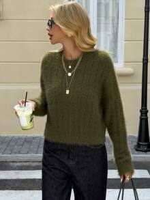 Livesso Loose Casual Business Style Fuzzy Short Knit Sweater, Green, Suitable For Autumn, Winter, New Year, Christmas
