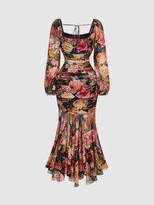 SHEIN MOD 女士印花褶皱灯笼袖鱼尾下摆优雅连衣裙，秋冬，新年，优雅，新年造型，圣诞节，下午茶派对，花园派对，女士早午餐装扮，节日派对连衣裙，女士印花连衣裙，长袖，鸡尾酒会礼服，女士节日装扮，情人节，乡村风，仙女风，服装 - 彩色 - 查看 3